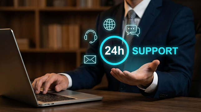 Businessman using laptop with 24 hours customer support icon floating on hand