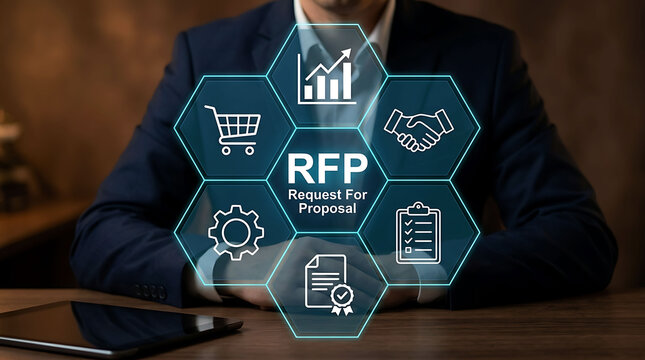 Businessman analyzing request for proposal RFP concept with virtual digital icons