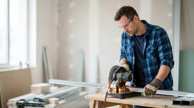 Man cutting metal profile with chop saw. Male worker using power tool to cut steel stud with flying sparks. Construction and metalworking concept