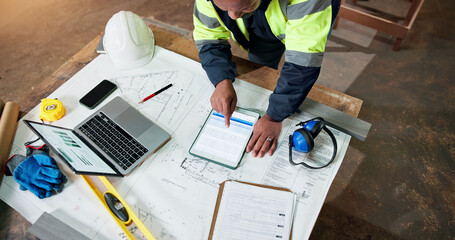 Naklejka na ściany i meble Carpenter, man and tablet screen in workshop for planning, project costing and price evaluation. Above, woodworker and tech in manufacturing warehouse for invoice, quality assurance and blueprint
