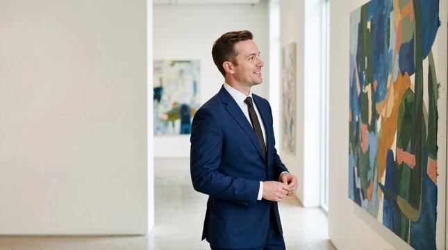 Man in a blue suit viewing an abstract painting in an art gallery. Smiling visitor appreciating contemporary artwork in a bright exhibition space