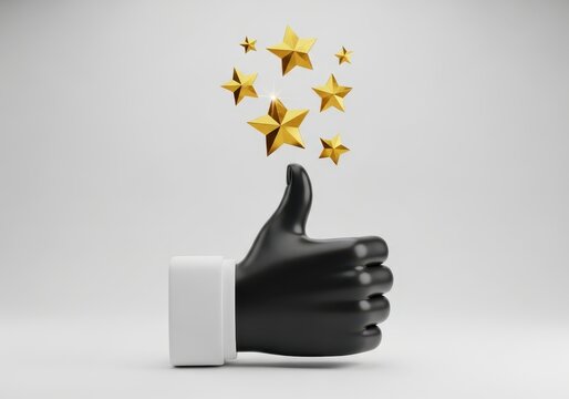 3D Black Thumbs Up Hand with Golden Stars for Customer Rating and Feedback Concept on White Background
