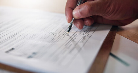 Hands, person and writing on document with signature, agreement and application for finance loan....
