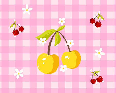 Cherry blossom and flower with gingham color textured illustration for high quality wallpaper or background