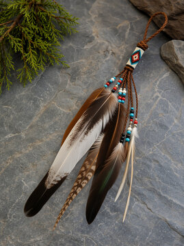 Native American style feather hair ornament on stone background. Beaded hair accessory with natural feathers and braided cords. Indigenous inspired handcrafted decoration