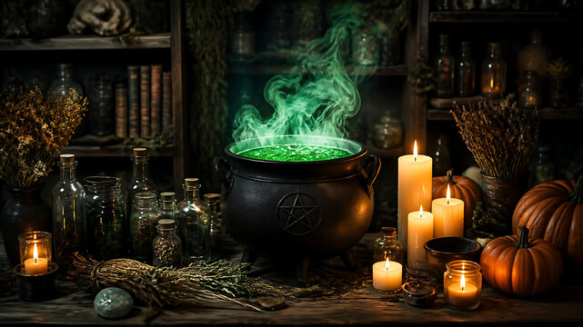 Spooky Witch Cauldron in Dark Apothecary | Green Magic Smoke With Candles and Pumpkins | Halloween Spell Laboratory Background