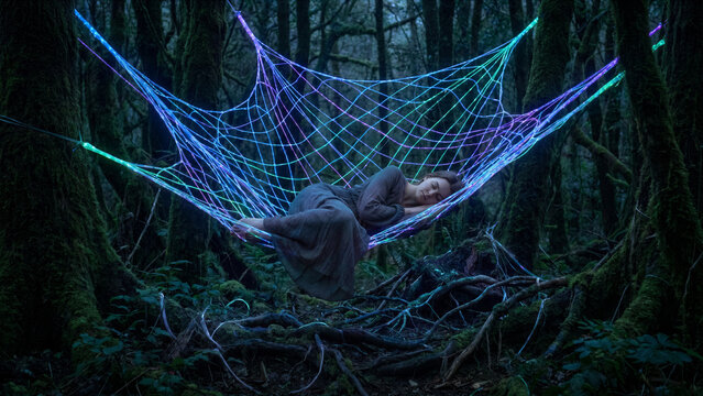 Conceptual neuro art of a serene girl sleeping in the center of a monumental web woven from glowing neon threads