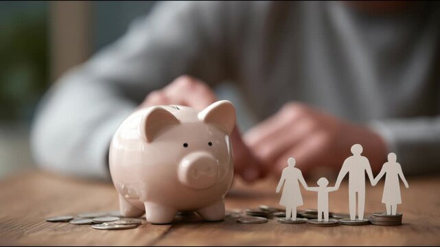 Unrecognizable man inserting a coin into a piggy bank, saving money for family life insurance and future needs