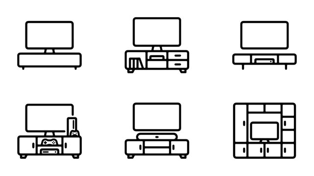 Modern TV Stand Icons, Media Console Vector Set, Entertainment Unit Graphics, Home Entertainment Furniture Collection
