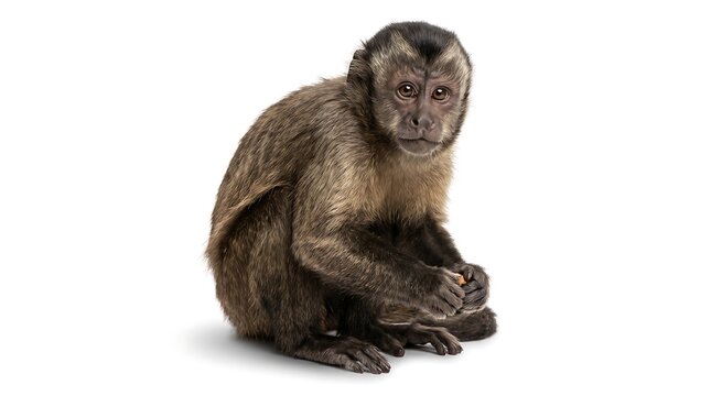 A studio portrait of a brown capuchin monkey sitting against a white background.