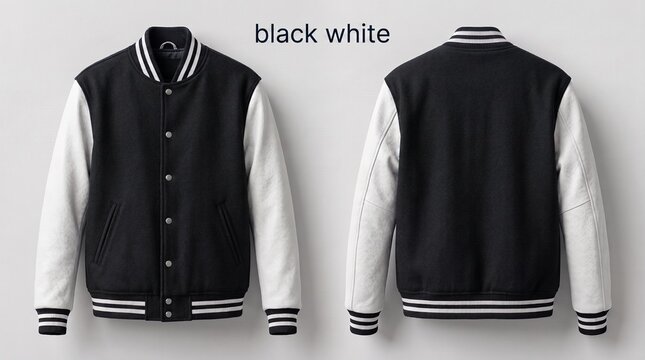Black and White Varsity Jacket Mockup Front and Back View Apparel Template