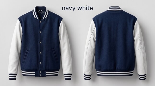 Navy Blue and White Varsity Jacket Front and Back View Apparel Mockup Template