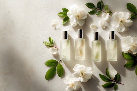 Minimalist Set of Four Frosted Glass Perfume Bottles with White Flowers and Green Leaves on a Textured Surface under Natural Sunlight