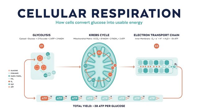 Detailed educational infographic explaining cellular respiration and energy