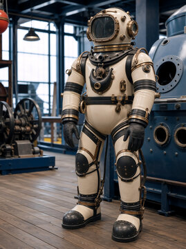 Vintage deep sea diving suit in an industrial setting. Atmospheric submarine pressure suit with brass helmet and heavy boots. Maritime history and exploration concept