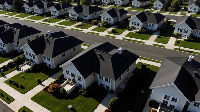Aerial view of a suburban neighborhood with white houses and lawns
