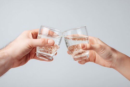 Close Up of Hands Clinking Two Glasses of Sparkling Mineral Water in a Health and Wellness Toast