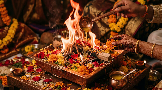 Close Up of Sacred Wedding Agni Fire with Flower Petals Ghee Offerings Flames Rising, Warm Glowing Light, Authentic Hindu Wedding Ritual Sacred Fire South Asian India