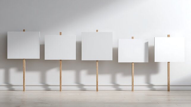 Set of Five Blank White Protest Placards Mockup on Wooden Poles against White Wall