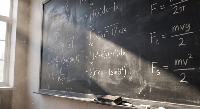 Mathematical formulas and physics equations on chalkboard