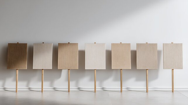 Row of blank cardboard placards and protest signs on wooden sticks against a white wall with soft shadows