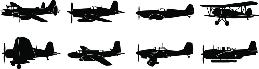 Collection of vintage military airplane and fighter jet black vector silhouettes for aviation design © Mst