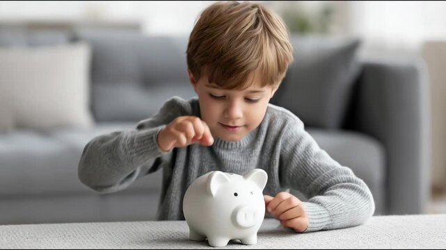 Adorable little boy putting a coin into a piggy bank, saving money for the future