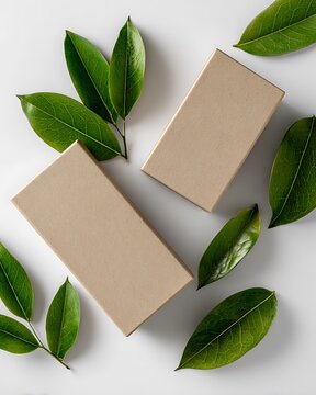 Two Blank Kraft Paper Packaging Boxes with Fresh Green Leaves on a White Background for Sustainable Branding Mockup