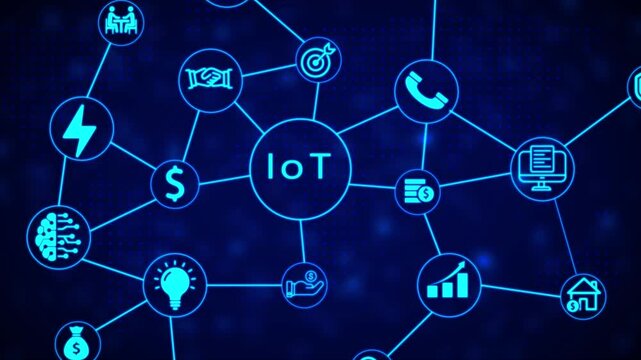 Internet of Io T concept diagram with interconnected representing business, technology, and finance on a dark blue digital background with glowing particles and a network grid pattern