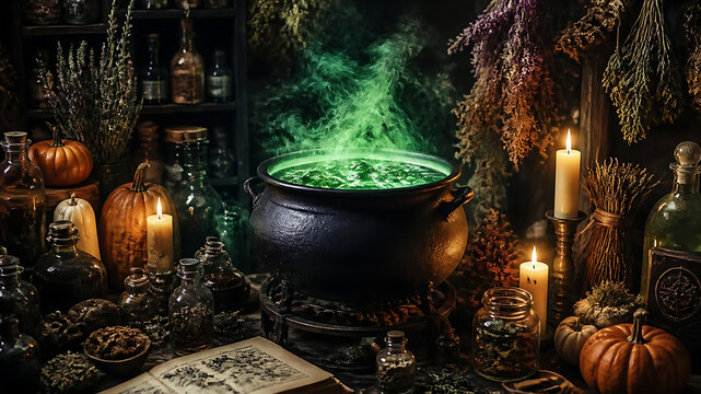 Witch Cauldron With Green Smoke | Halloween Potion Table With Candles | Spooky Magic Spell and Witchcraft Background