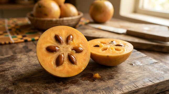Tropical Star Apple Fruit Halved Showing Seeds and Pulp on Wooden Board with Knife and Basket, Healthy Food Ingredient