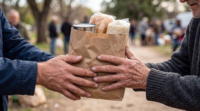 Charity food donation to homeless person, hands giving brown paper bag with groceries, community support and humanitarian aid concept