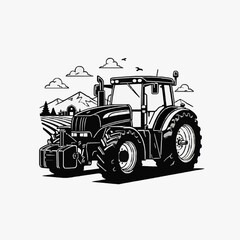 Industrial Black and White Line Drawing of a Tractor with Farmland and Mountain with high quality professional line art symbols for modern creative design and digital branding projects © Pegel