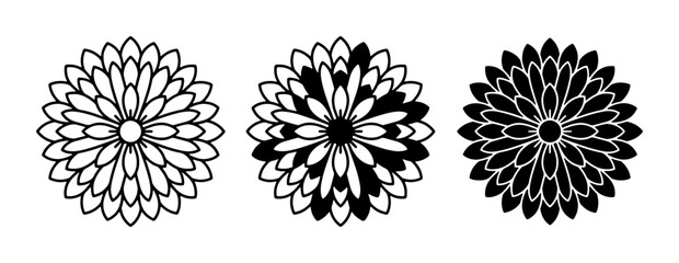 Obraz premium Chrysanthemum Vector Icons Set, Black and White Floral Graphics, Decorative Flower Elements for Design