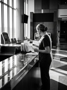Caring Professional Attends To Patient Documents At Healthcare Reception Area