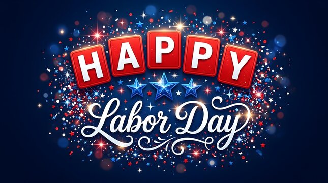 Happy Labor Day celebration greeting. Patriotic holiday banner with festive confetti.