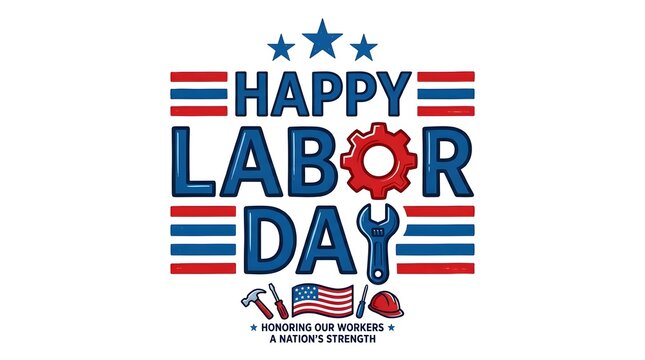 Happy Labor Day greeting card design. American holiday typography with industrial tools.
