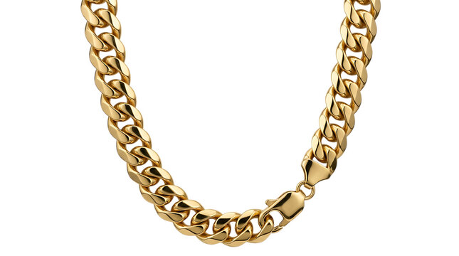 Shiny gold chain necklace with thick heavy links isolated on a clean surface