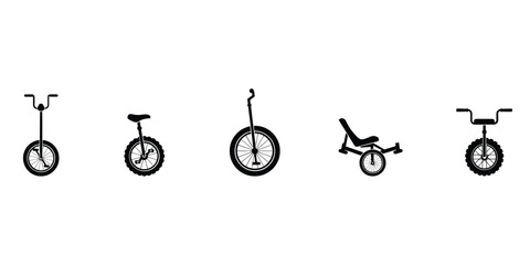 Set of five different unicycle and bicycle in black silhouette style for transportation and circus performance equipment © Joybeee