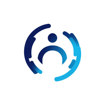 Abstract blue circular logo with gradient shades, featuring a central dot and curved segments forming a stylized person or connection symbol