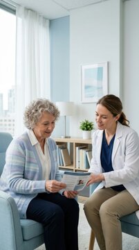 Caring Professional Discusses Information With Elderly Patient Discussion Session