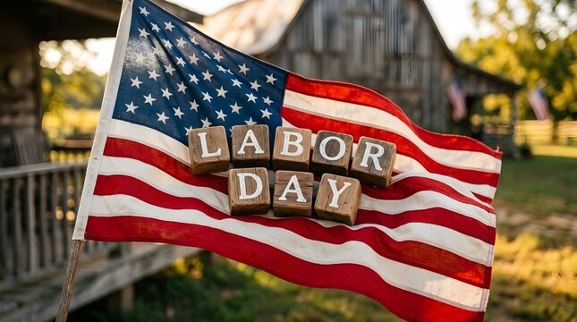Labor Day sign on American flag. USA holiday banner with rustic wooden blocks.