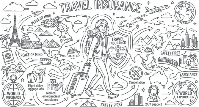 Travel insurance doodle illustration, hand drawn world map with tourist and safety icons, global medical assistance and trip protection vector art