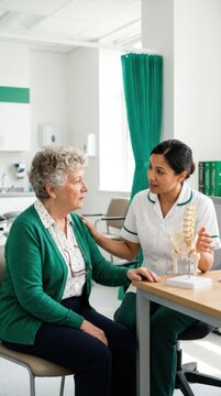 Caring Professional Explains Spinal Health To Senior Patient In Clinic