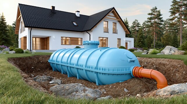 Septic tank sits inside a dug pit located in the yard of a modern suburban residential house.