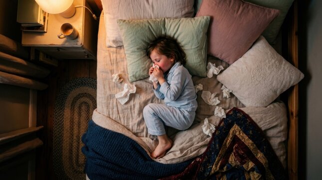 Child Comfortably Sleeping While Ill In Bed Surrounded By Tissues
