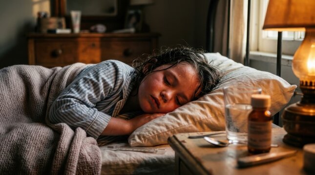 Child Ill In Bed Recovering Gently With Cozy Blanket And Medicine Nearby
