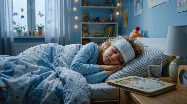 Child Napping With Ice Pack On Forehead Resting In Bed