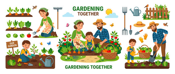 Fototapeta premium Family Gardening Together Illustration