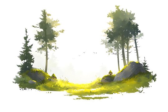 Serene landscape with trees and gentle river bend in a misty forest setting